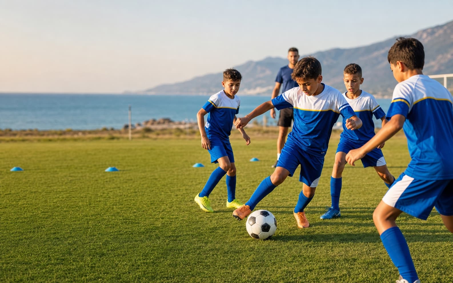 Futbol okulunda antrenmana hazırlanan genç sporcular