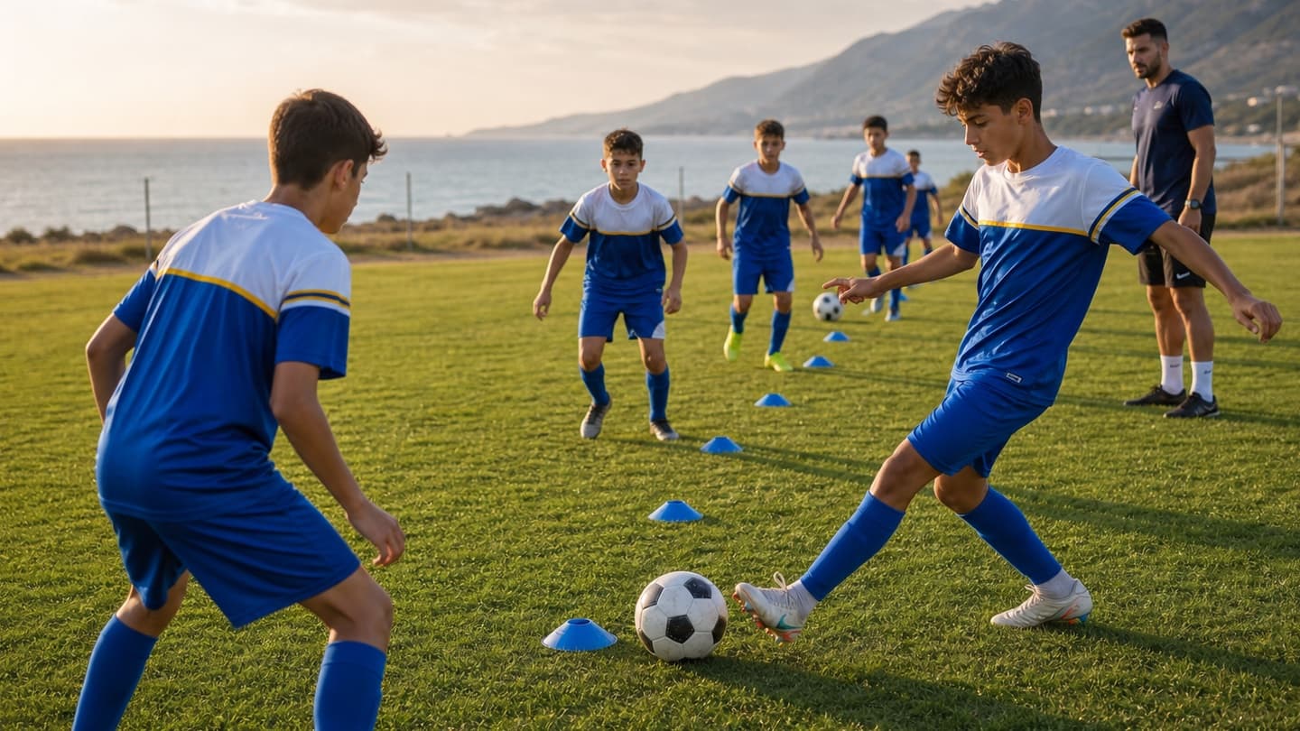 Sahada grup antrenmanı yapan genç futbolcular